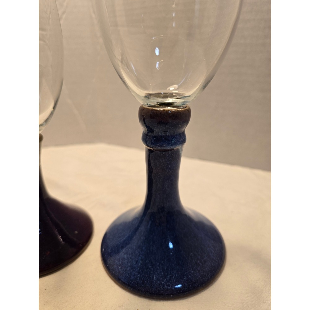 Handmade Studio Pottery Mixed Media Wine Goblets Blue Purple Set of 2 - Picture 7 of 9